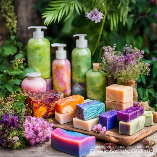 Яркий и красочный натюрморт с натуральными косметическими продуктами в садовом окружении