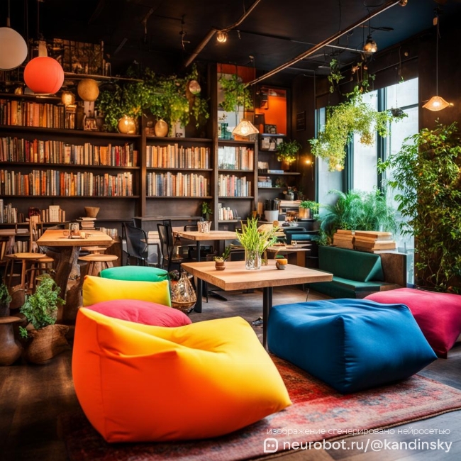 Уютный и яркий интерьер антикафе в современном городском окружении