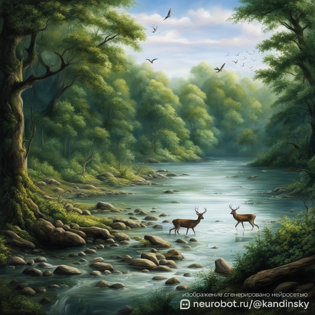 Река, протекающая через лес, с дикой природой на берегах