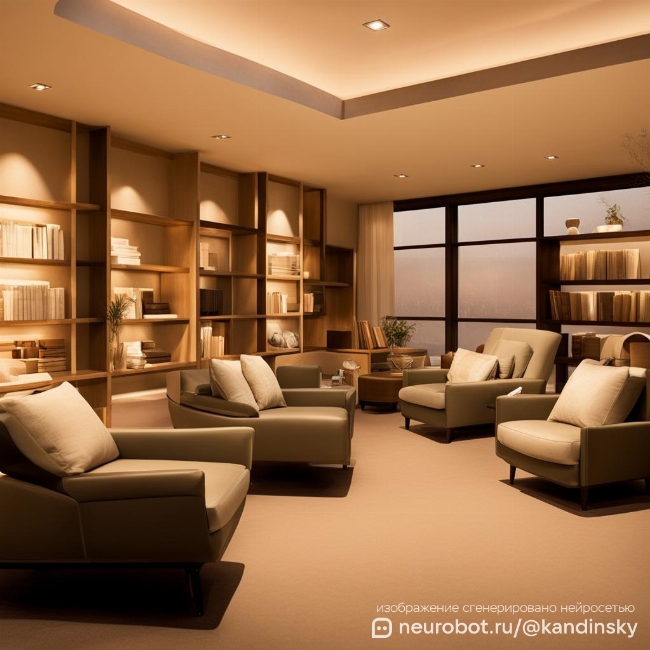 Элегантная зона отдыха в оздоровительном центре, укомплектованная современными диванами и креслами, мягкими подушками и уютным камином