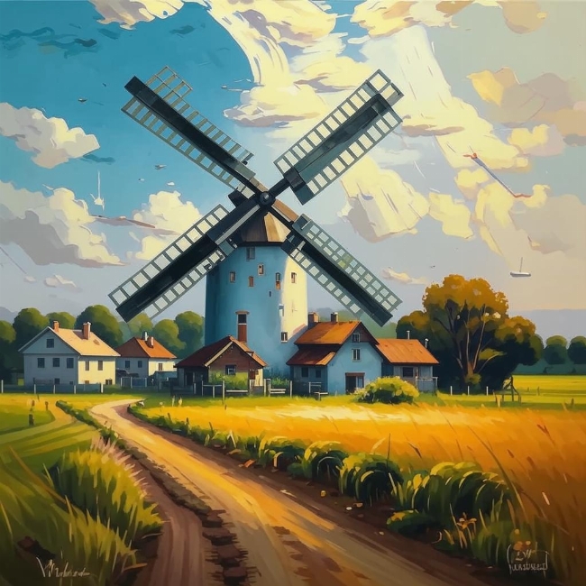 Ветряная мельница в деревне