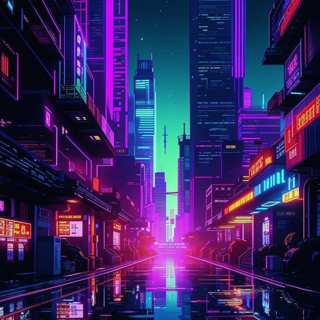 Неоново освещённые небоскрёбы