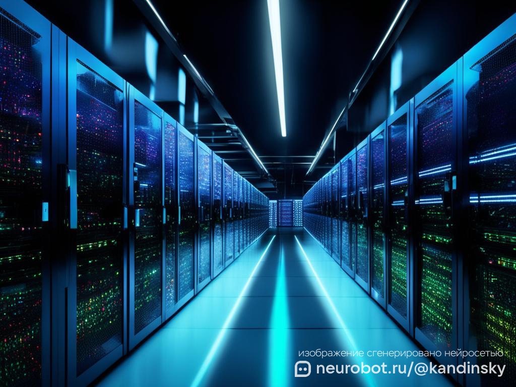 Интерьер футуристического данных центра промт для нейросети Кандинский, 16:9