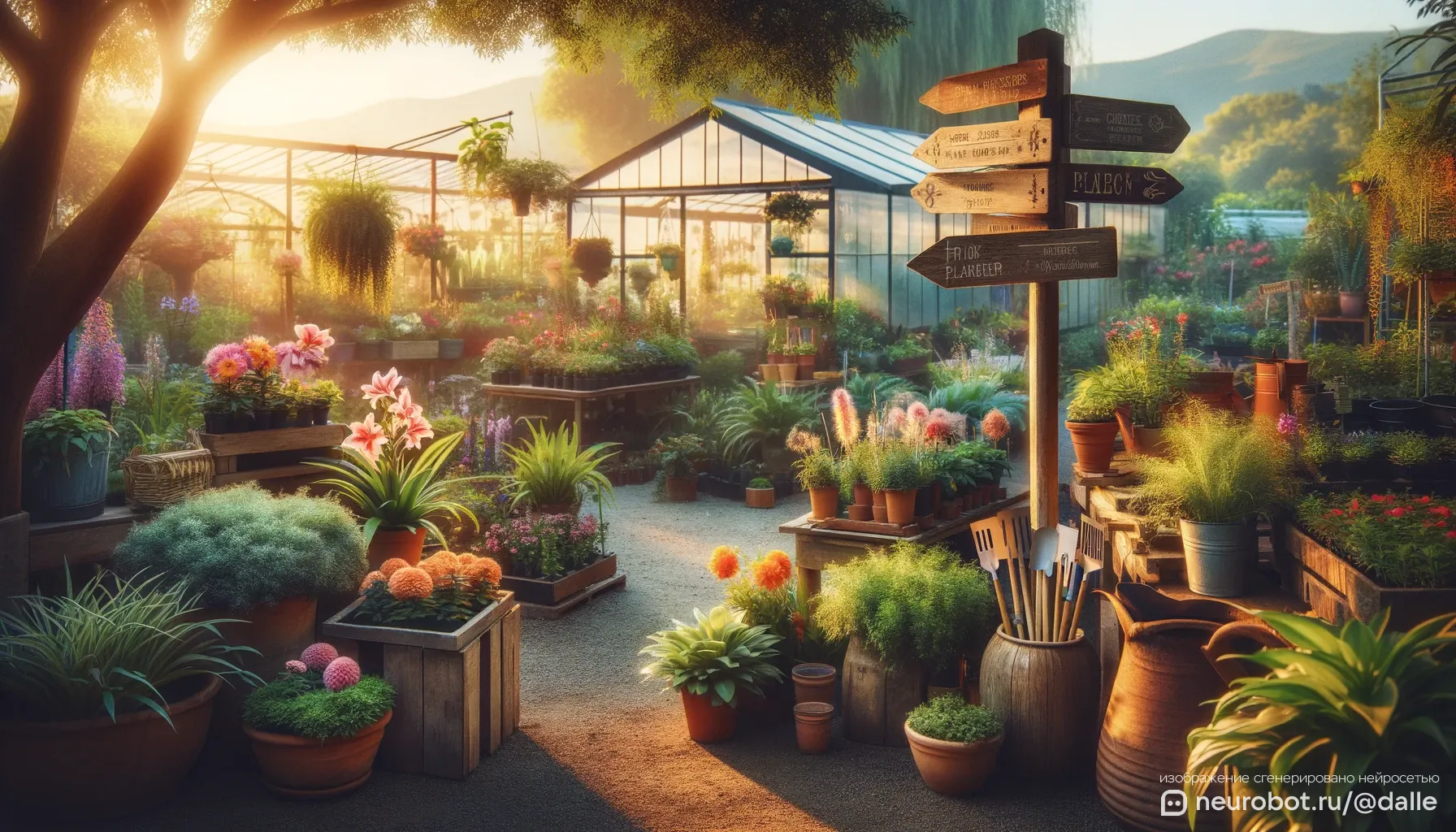 Утренний свет в спокойном садовом центре промт для нейросетей
