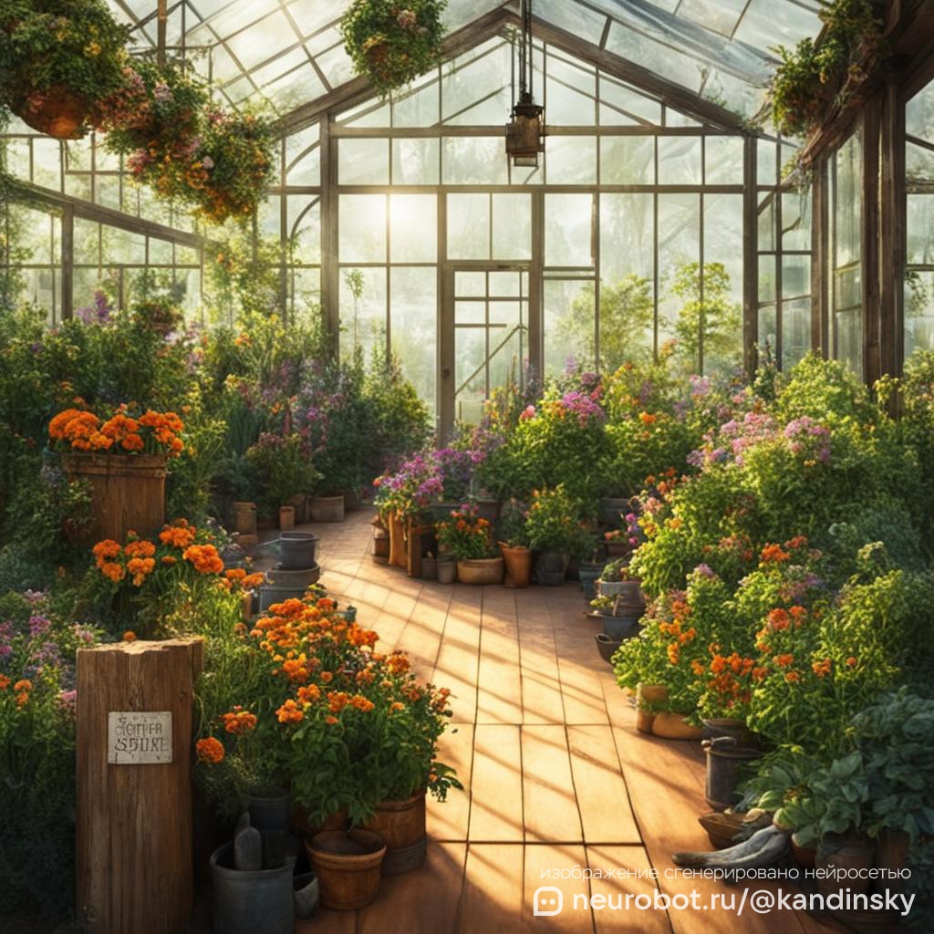 Утренний свет в спокойном садовом центре промт для нейросети Кандинский, 1:1