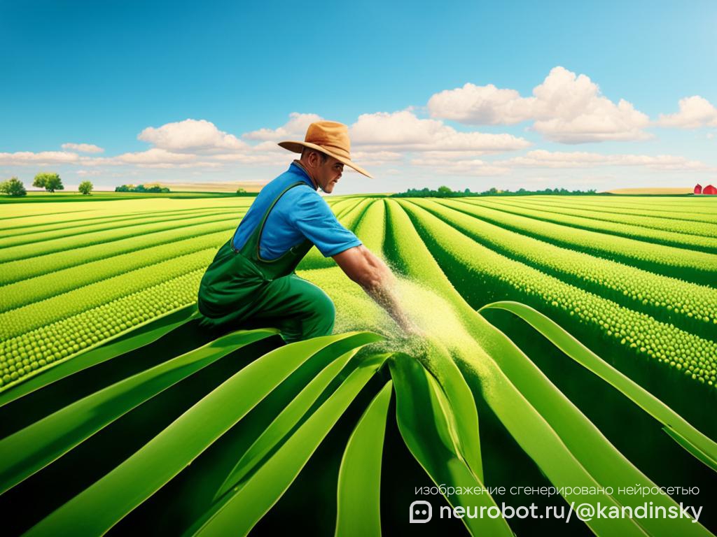 Фотореалистичное изображение фермера, рассыпающего удобрения на фоне зеленых полей и ясного голубого неба промт для нейросети Кандинский, 16:9