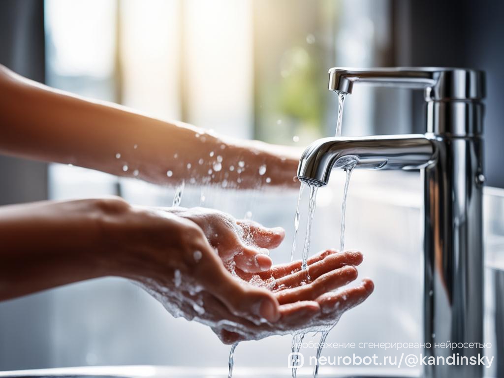 Крупный план рук, моющихся с мылом под проточной водой из нержавеющего крана промт для нейросети Кандинский, 16:9