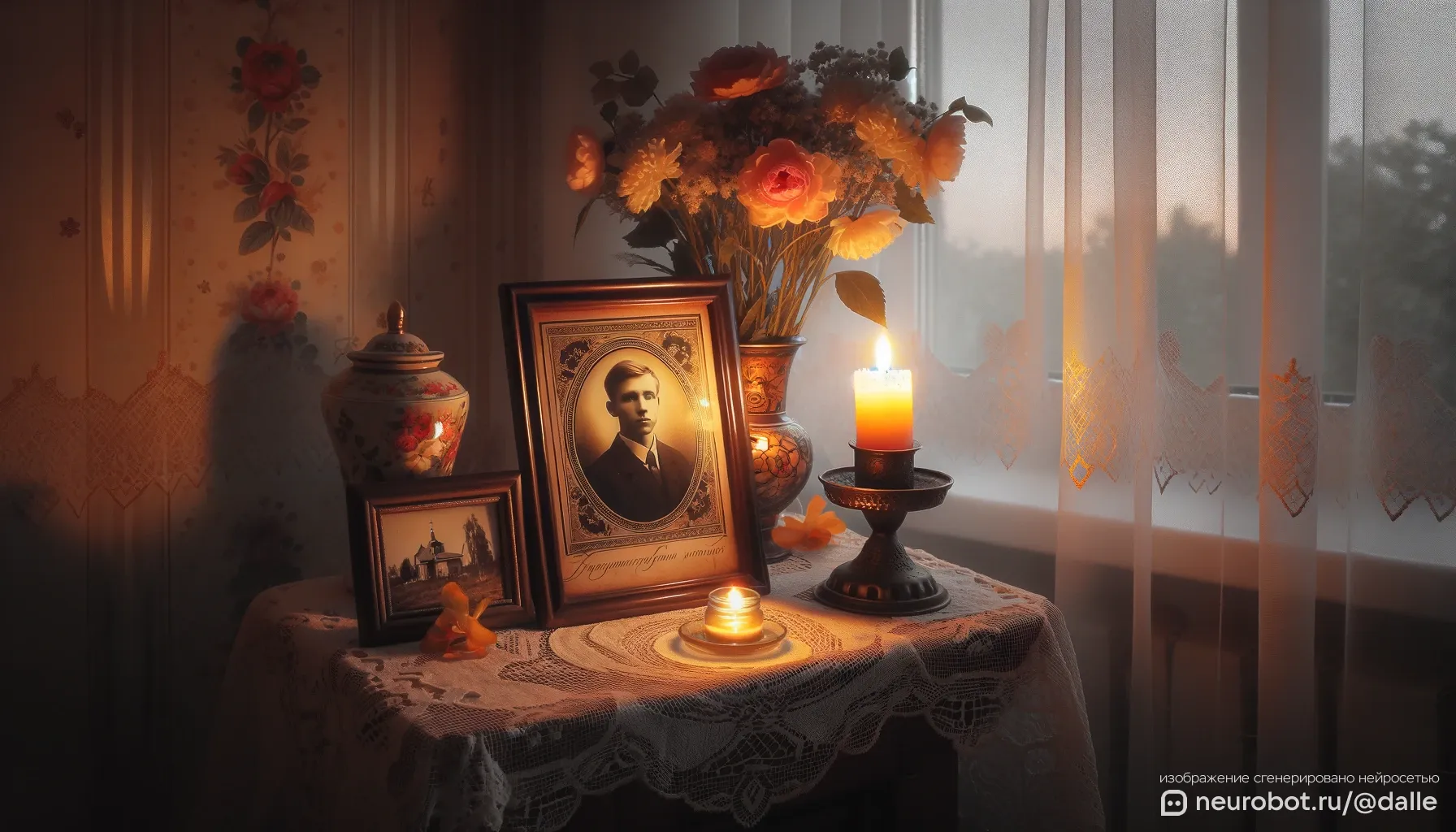 Уголок памяти на столике в русском доме, освещенный свечой промт для нейросетей