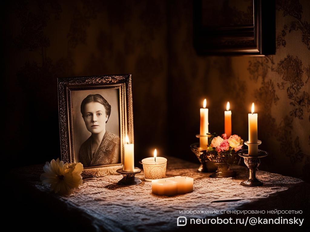 Уголок памяти на столике в русском доме, освещенный свечой промт для нейросети Кандинский, 16:9