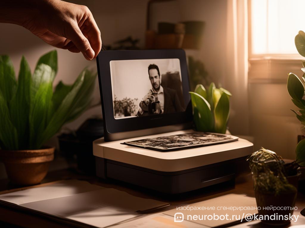Рука европейского мужчины, помещающая фотографию на сканер в домашнем офисе промт для нейросети Кандинский, 16:9