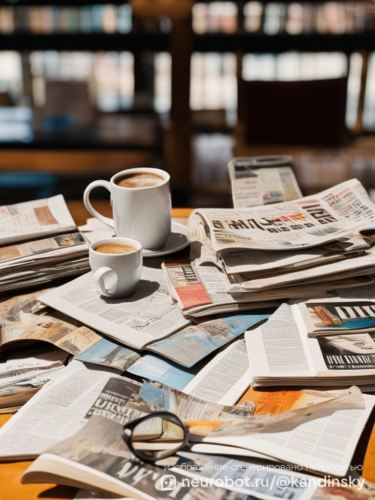 Разнообразие печатных СМИ на столе: Это изображение демонстрирует коллекцию различных газет, журналов и периодических изданий, разложенных на деревянном столе промт для нейросети Кандинский, 9:16
