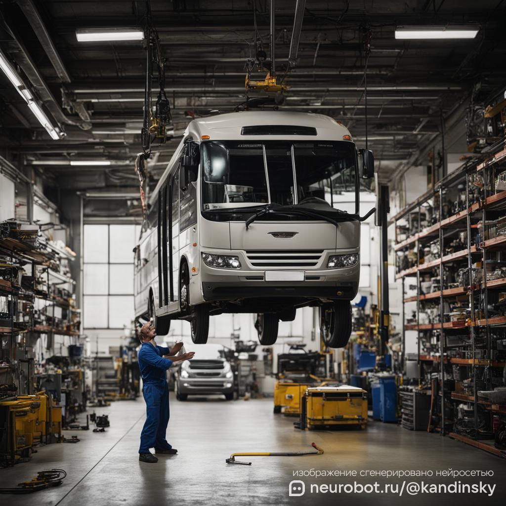 Изображение автобуса, поднятого на гидравлическом подъемнике в современном гараже, с механиком, осматривающим днище: [Скачать изображение](sandbox:/mnt/data/A_bus_being_lifted_on_a_hydraulic_lift_in_a_modern промт для нейросети Кандинский, 1:1