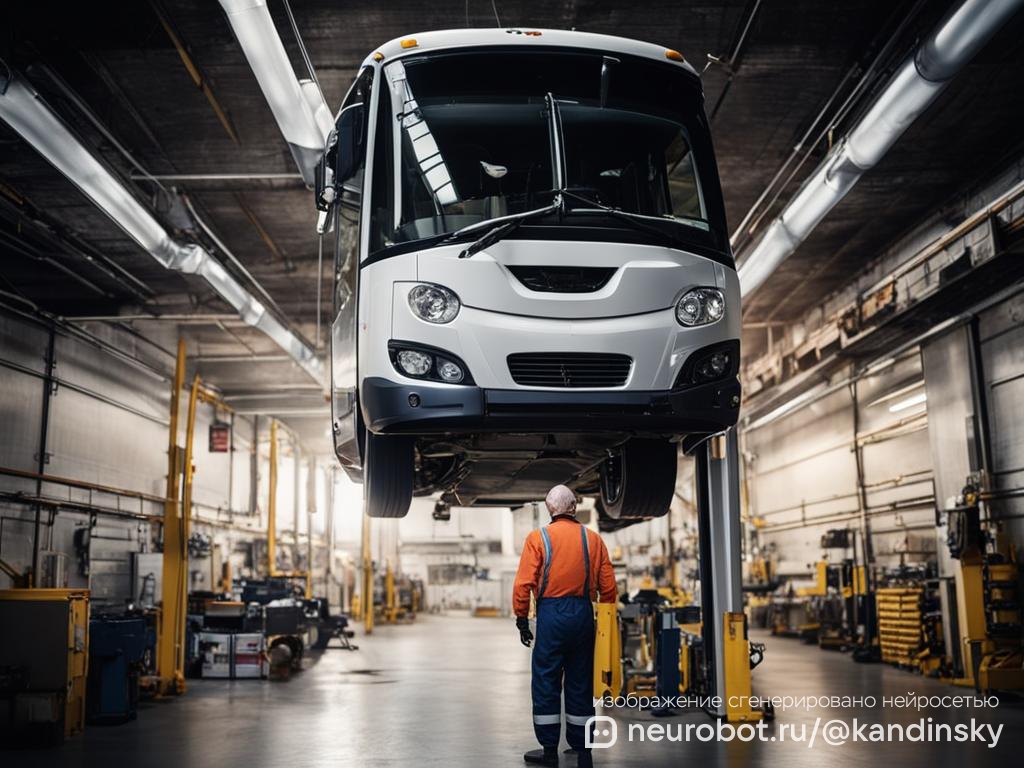 Изображение автобуса, поднятого на гидравлическом подъемнике в современном гараже, с механиком, осматривающим днище: [Скачать изображение](sandbox:/mnt/data/A_bus_being_lifted_on_a_hydraulic_lift_in_a_modern промт для нейросети Кандинский, 16:9