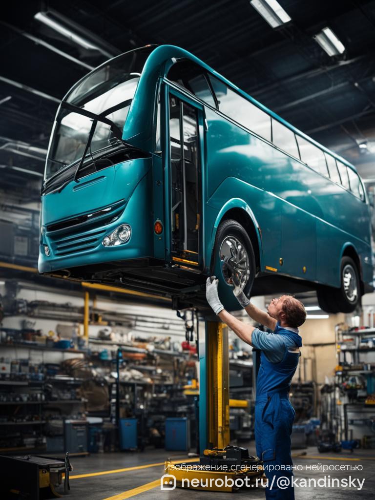 Изображение автобуса, поднятого на гидравлическом подъемнике в современном гараже, с механиком, осматривающим днище: [Скачать изображение](sandbox:/mnt/data/A_bus_being_lifted_on_a_hydraulic_lift_in_a_modern промт для нейросети Кандинский, 9:16