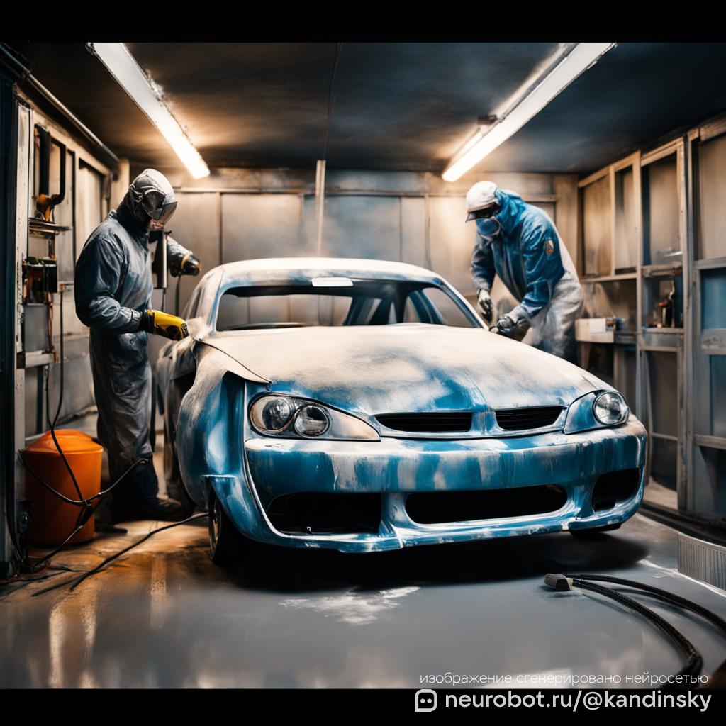 Изображение полуокрашенного автомобиля в покрасочной камере промт для нейросети Кандинский, 1:1