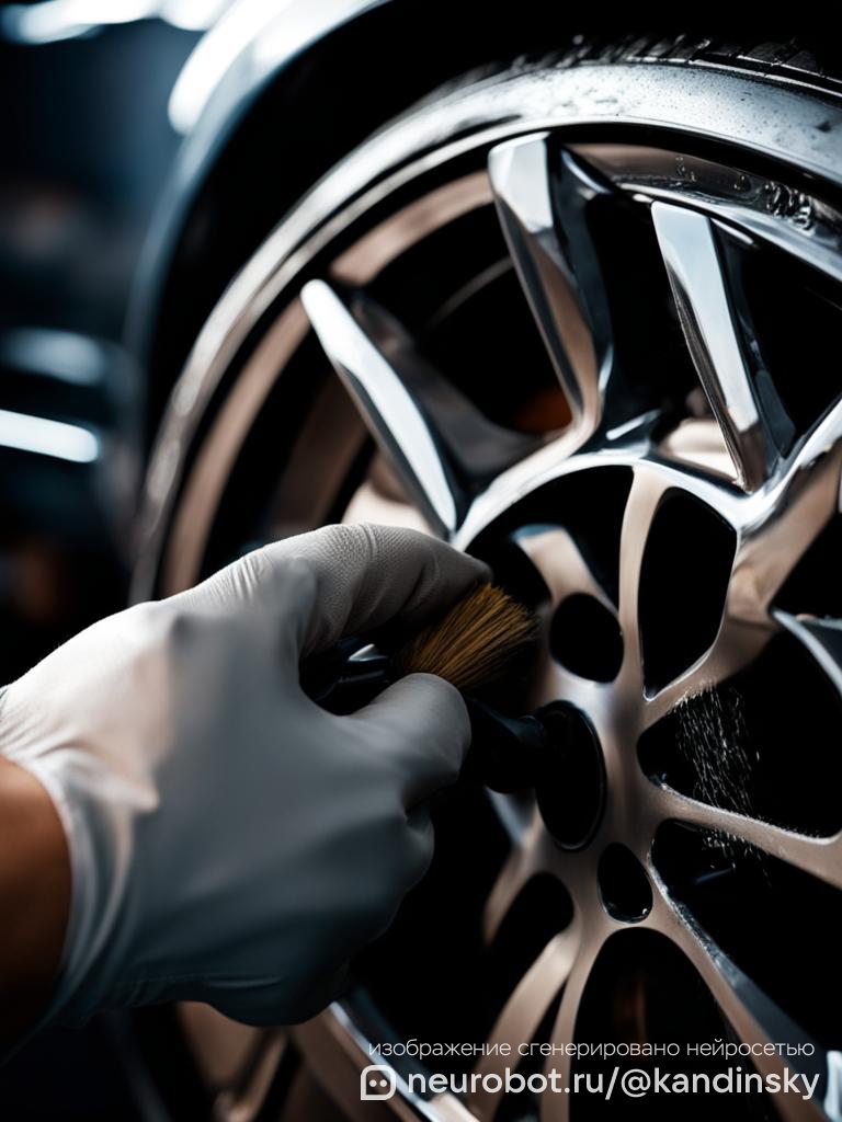 Изображение колеса автомобиля, которое чистится промт для нейросети Кандинский, 9:16