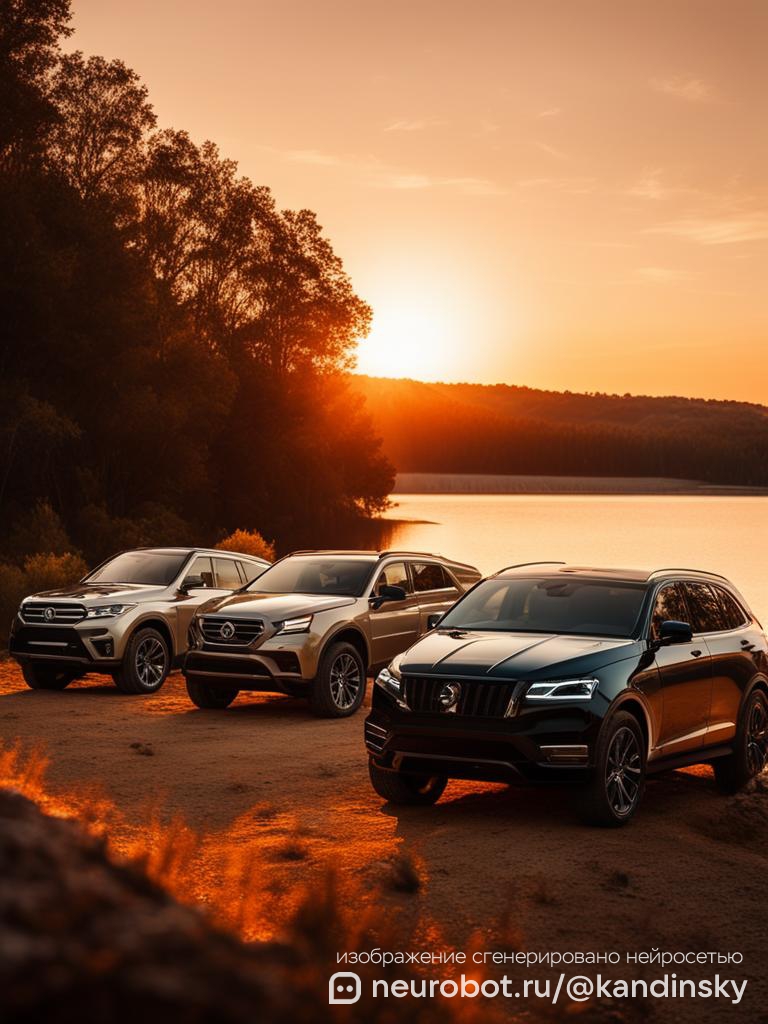 Спокойный вид на озеро с рядом роскошных внедорожников и автомобилей для бездорожья промт для нейросети Кандинский, 9:16