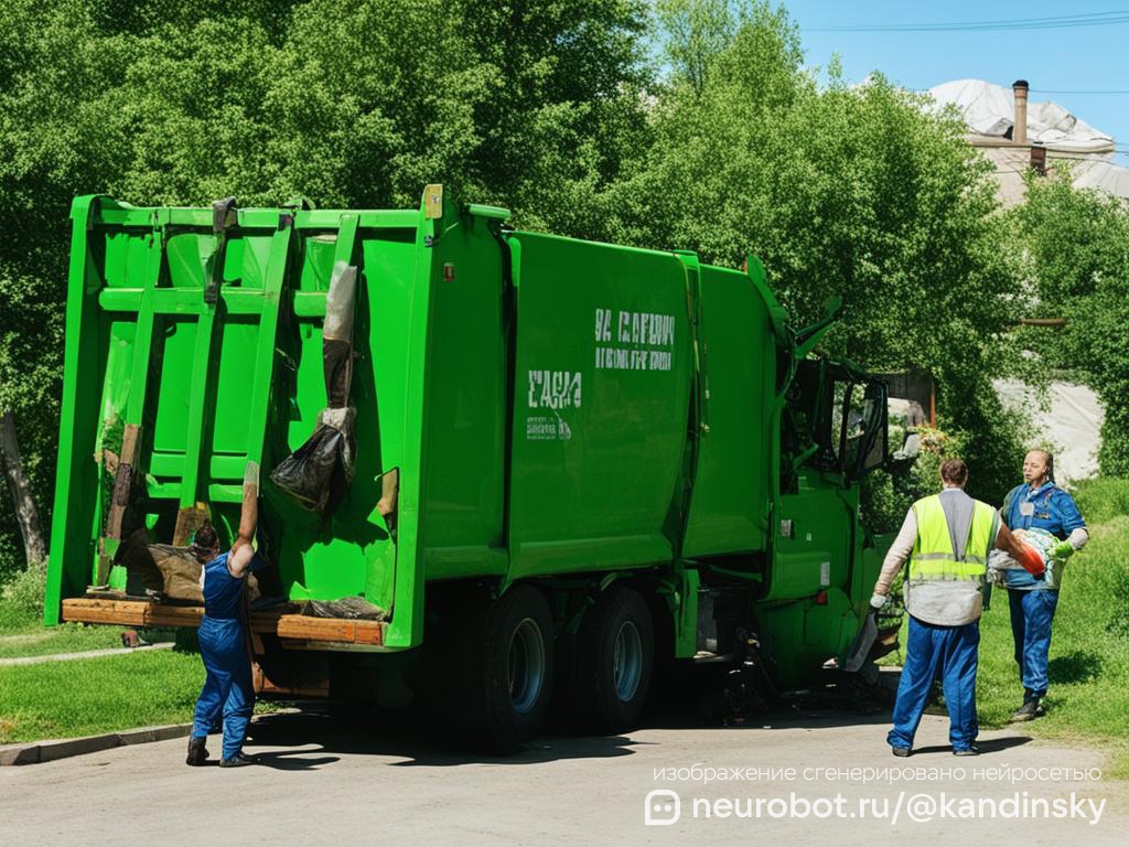 Летний день в пригороде России с зеленым мусоровозом промт для нейросети Кандинский, 16:9