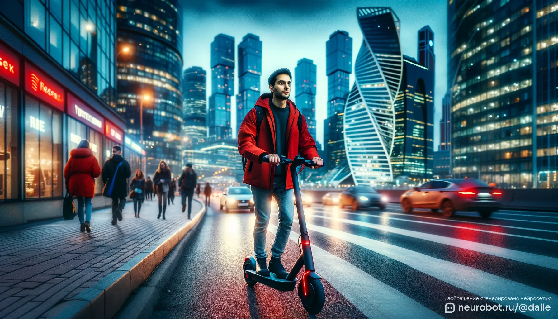 Живая уличная сцена в Москве на закате с курьером на электроскутере промт для нейросетей