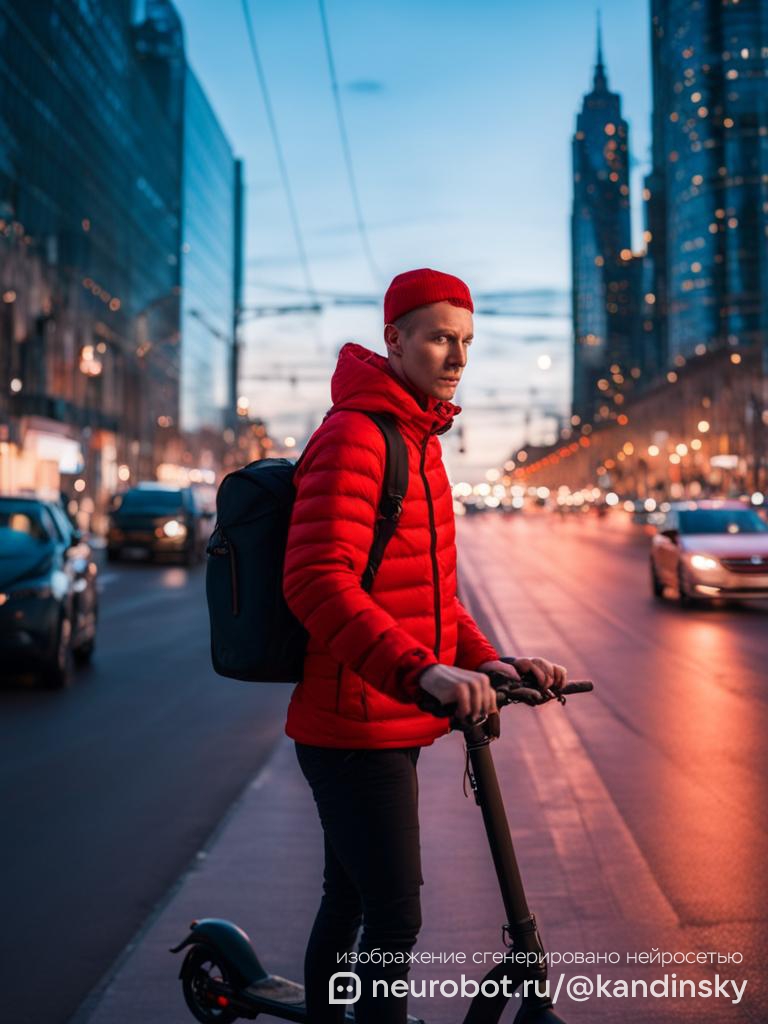 Живая уличная сцена в Москве на закате с курьером на электроскутере промт для нейросети Кандинский, 9:16