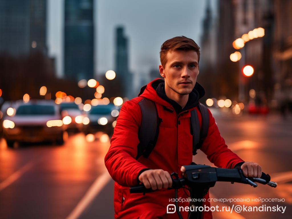 Живая уличная сцена в Москве на закате с курьером на электроскутере промт для нейросети Кандинский, 16:9