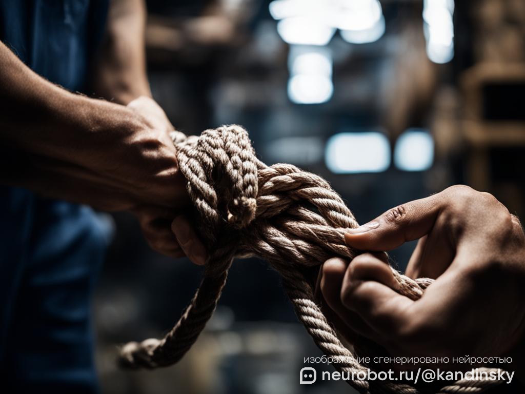 Крупный план рук рабочего, умело завязывающего сложный узел на тяжелой веревке на фоне промышленного склада промт для нейросети Кандинский, 16:9