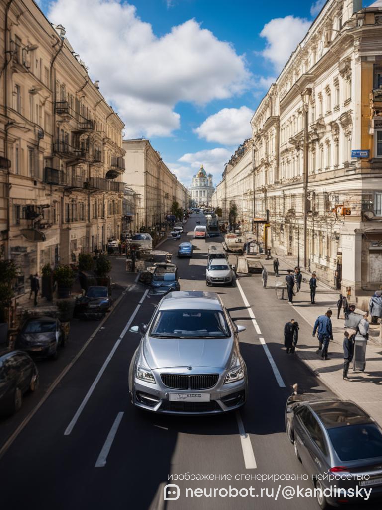 Вид сверху на оживленную улицу города в России, где современный эвакуатор поднимает серебристый седан промт для нейросети Кандинский, 9:16