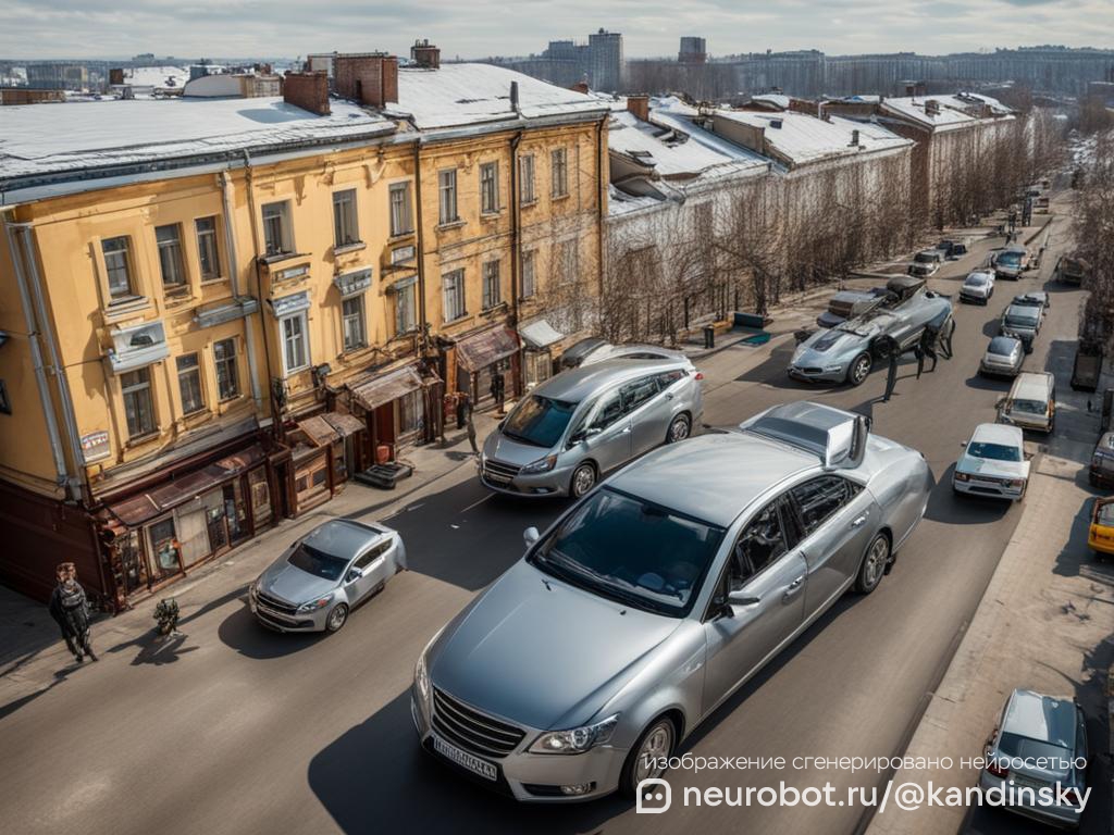Вид сверху на оживленную улицу города в России, где современный эвакуатор поднимает серебристый седан промт для нейросети Кандинский, 16:9