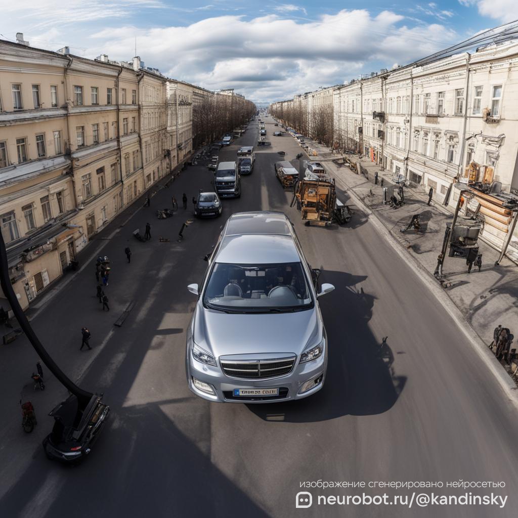 Вид сверху на оживленную улицу города в России, где современный эвакуатор поднимает серебристый седан промт для нейросети Кандинский, 1:1
