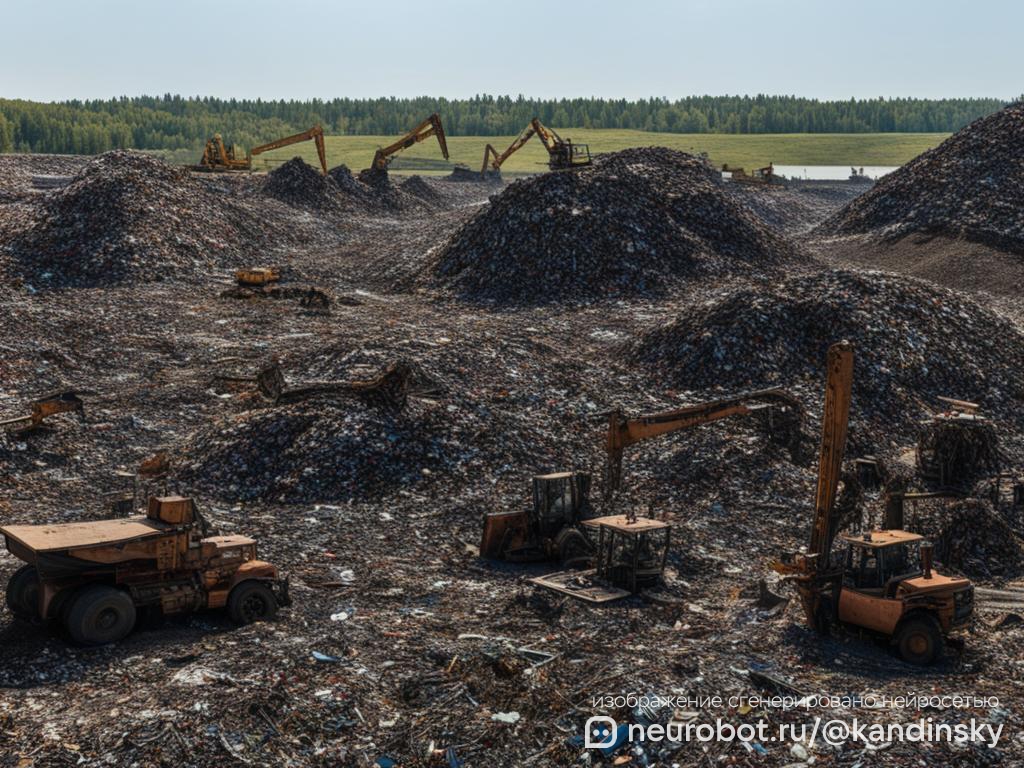 Широкоформатное изображение большого и оживлённого металлоломного двора в России днём промт для нейросети Кандинский, 16:9