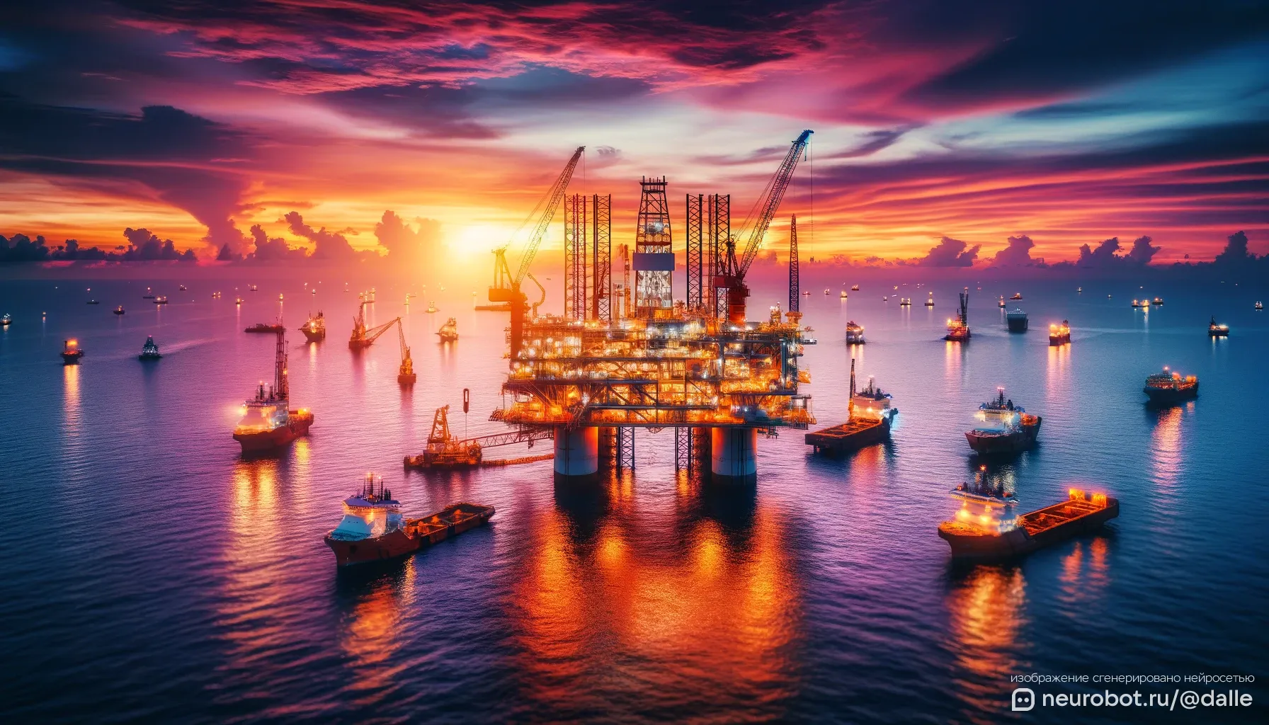 Вечерний пейзаж на строительстве морской нефтяной платформы промт для нейросетей