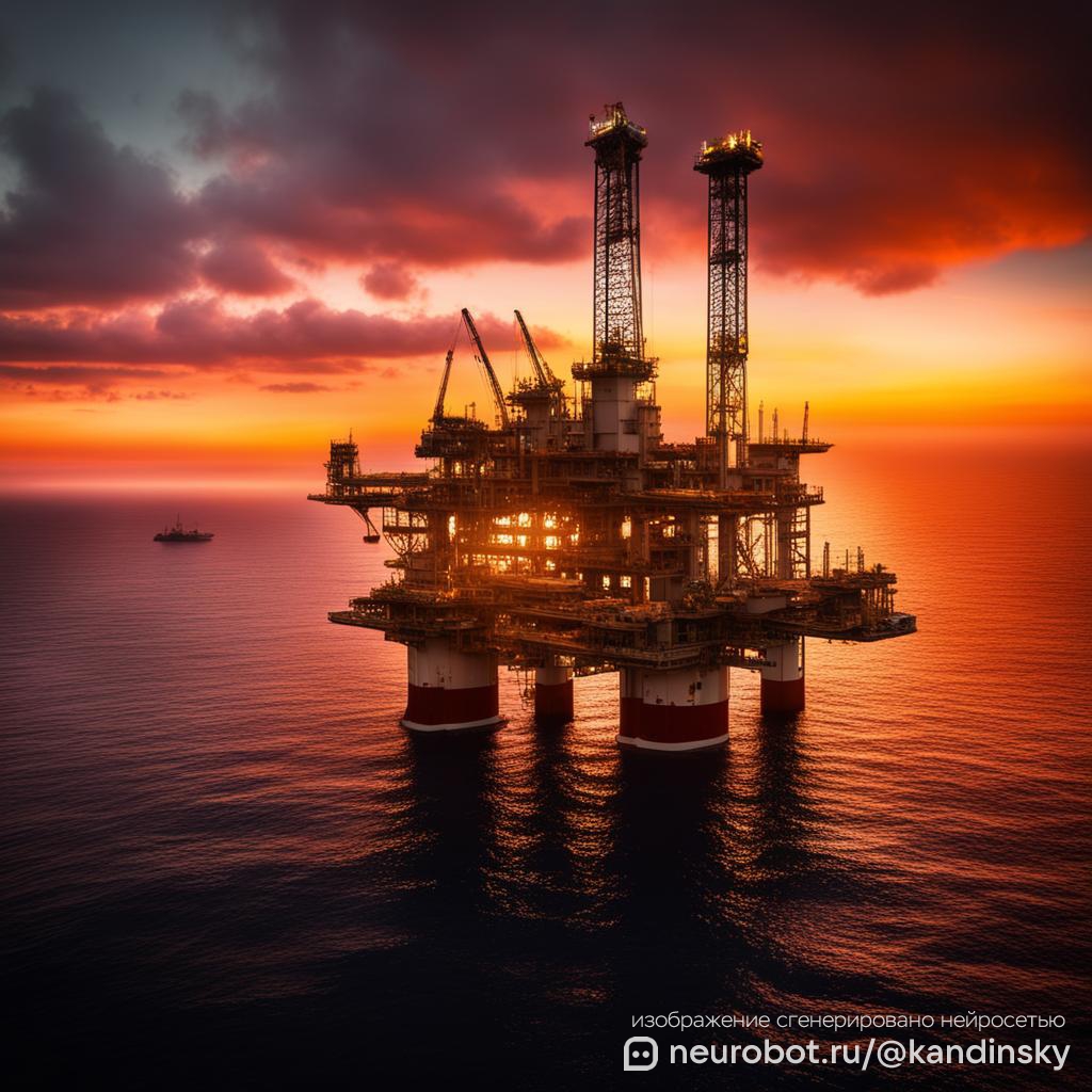Вечерний пейзаж на строительстве морской нефтяной платформы промт для нейросети Кандинский, 1:1