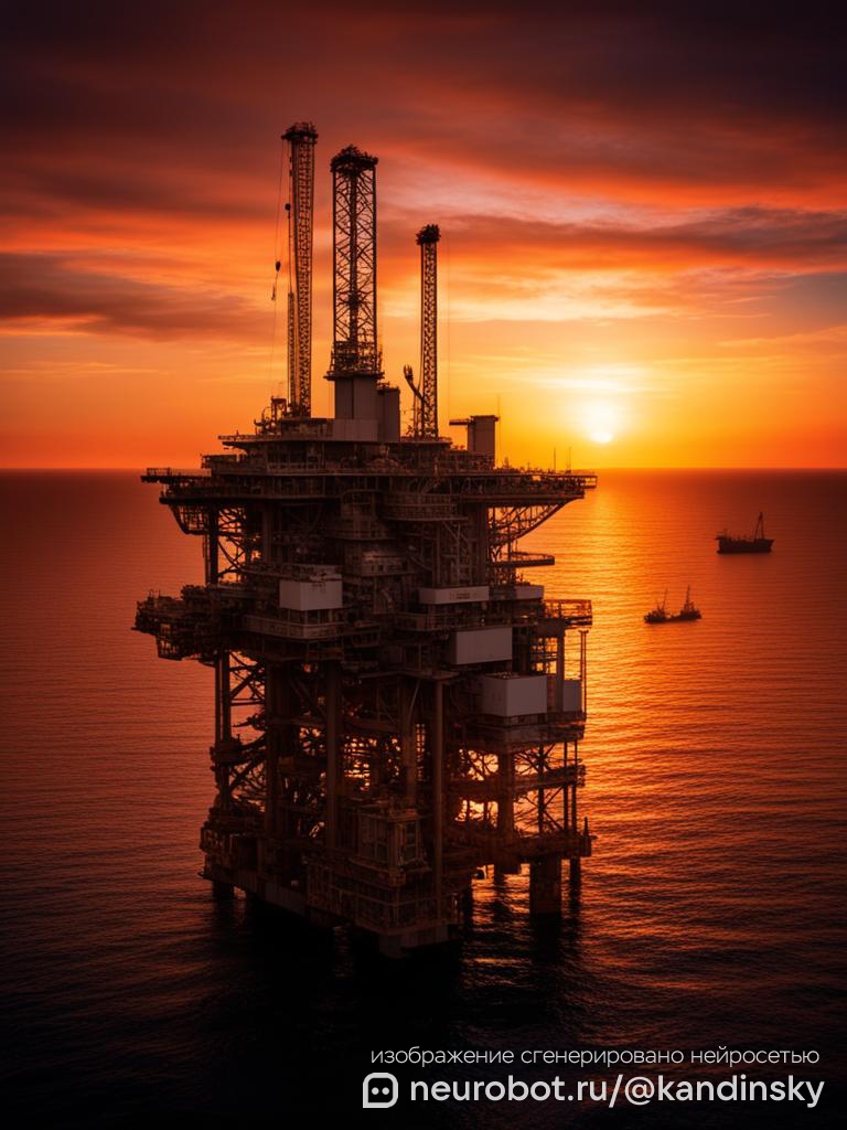 Вечерний пейзаж на строительстве морской нефтяной платформы промт для нейросети Кандинский, 9:16