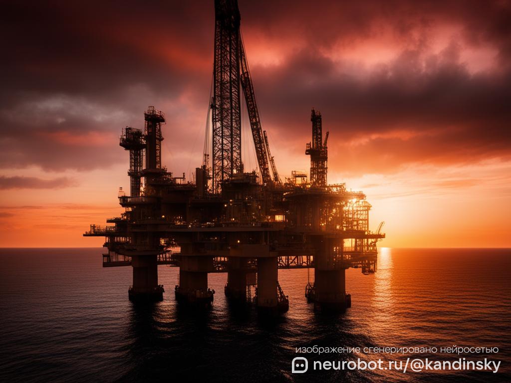 Вечерний пейзаж на строительстве морской нефтяной платформы промт для нейросети Кандинский, 16:9