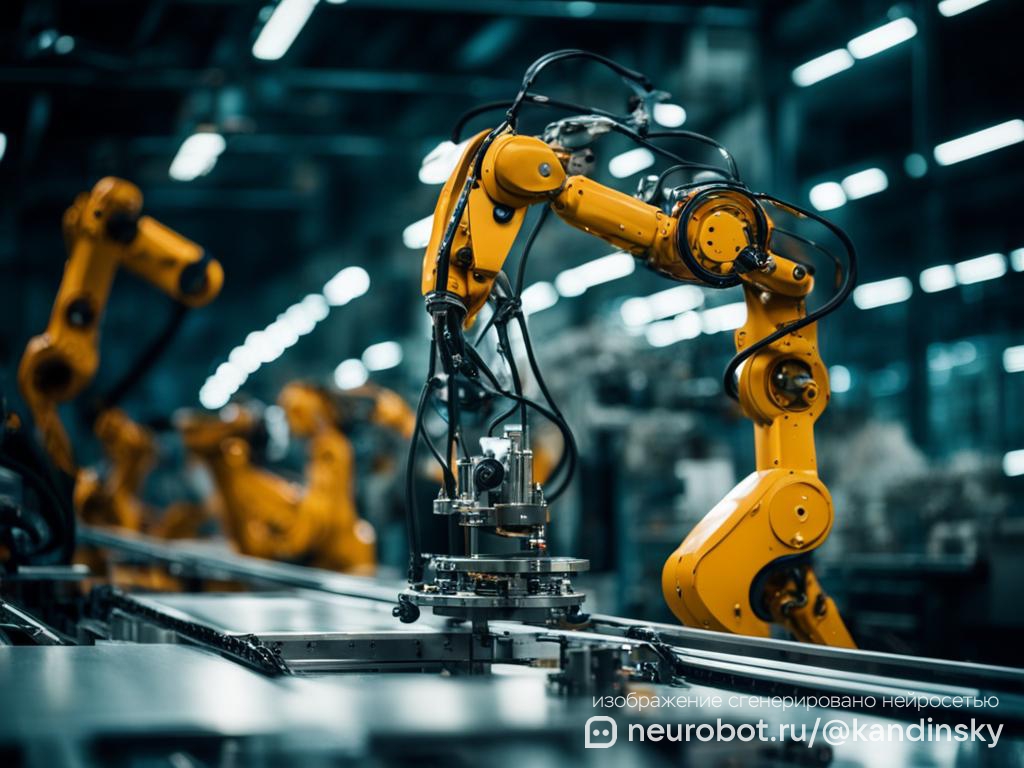 Изображение роботизированной руки, работающей на автомобильном производстве промт для нейросети Кандинский, 16:9