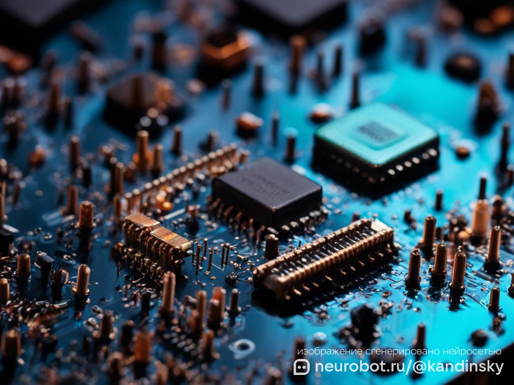 Крупноплановое изображение разнообразных радиоэлектронных компонентов, таких как резисторы, конденсаторы, транзисторы и микросхемы: Эти компоненты расположены на отражающей поверхности, создавая почти абстрактный, цветной узор промт для нейросети Кандинский, 16:9