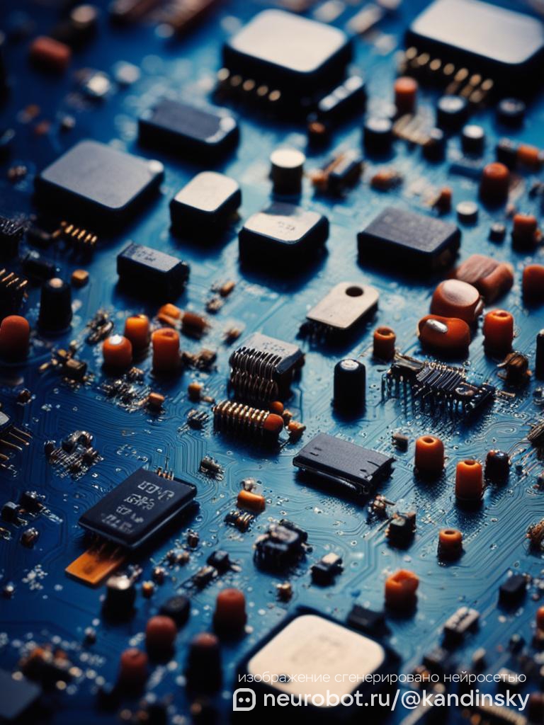 Крупноплановое изображение разнообразных радиоэлектронных компонентов, таких как резисторы, конденсаторы, транзисторы и микросхемы: Эти компоненты расположены на отражающей поверхности, создавая почти абстрактный, цветной узор промт для нейросети Кандинский, 9:16