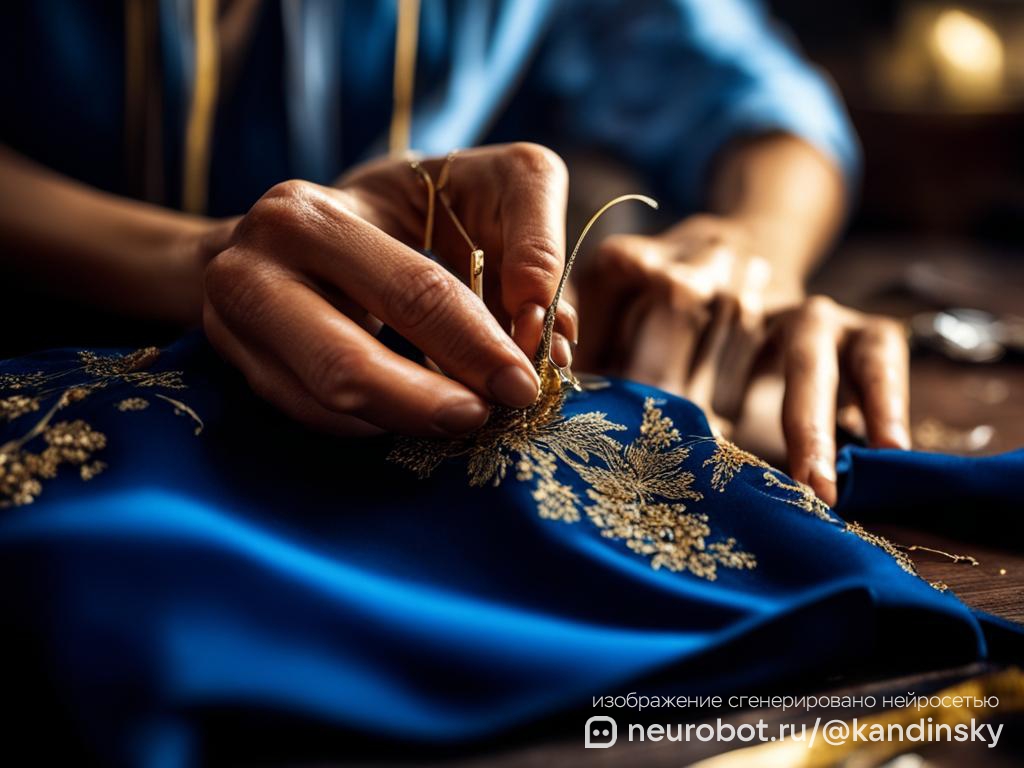 Крупный план рук портного, мастерски работающего с темно-синей тканью и золотой иглой промт для нейросети Кандинский, 16:9