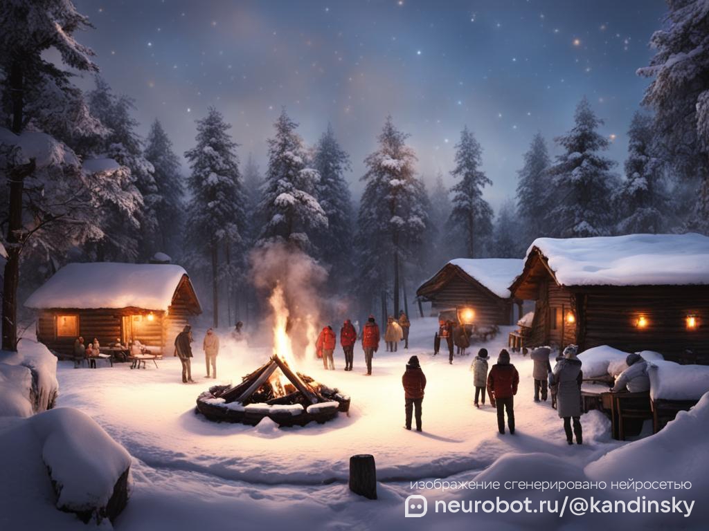 Зимний пейзаж на российской базе отдыха промт для нейросети Кандинский, 16:9