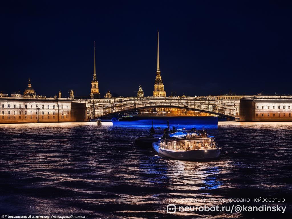 Вечерняя прогулка на лодке по Неве в Санкт-Петербурге: Просмотреть изображение промт для нейросети Кандинский, 16:9
