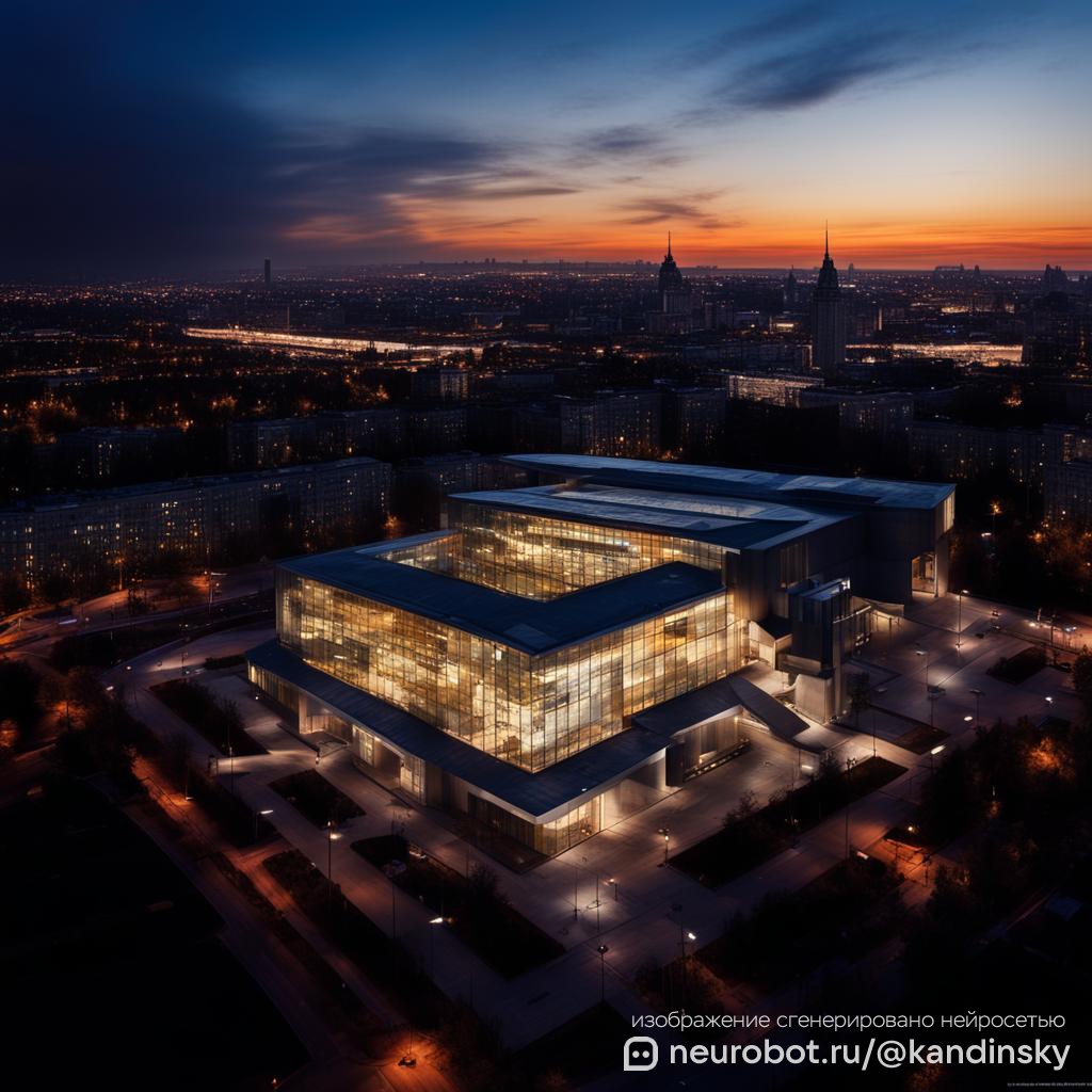 Вид сверху на комплекс арбитражного суда в России на фоне вечернего города промт для нейросети Кандинский, 1:1