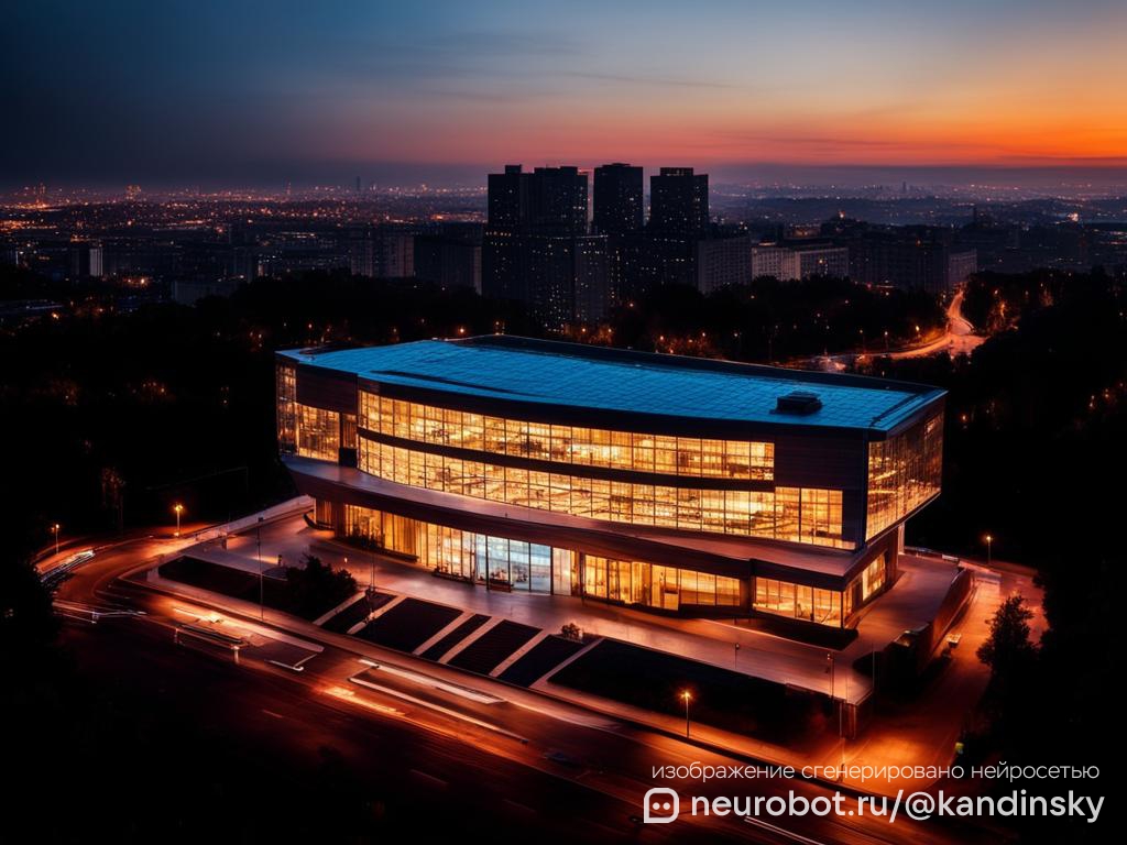Вид сверху на комплекс арбитражного суда в России на фоне вечернего города промт для нейросети Кандинский, 16:9