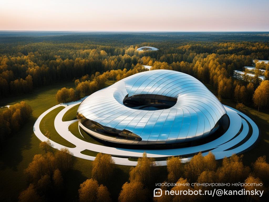 Вид сверху на футуристический культурный центр на окраине российского города промт для нейросети Кандинский, 16:9