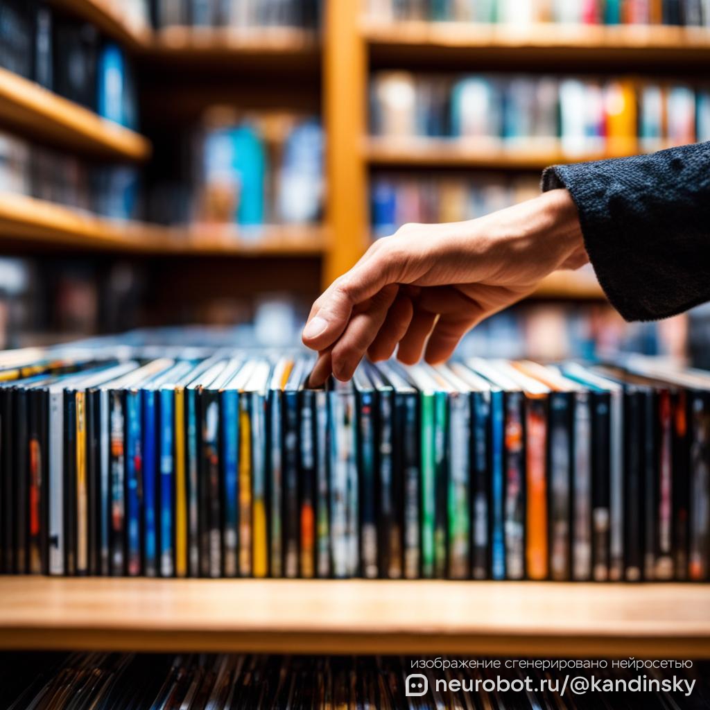 Специализированные магазины по продаже cd, dvd и блю-рей дисков: музыкальных, видео и компьютерных игр промт для нейросети Кандинский, 1:1