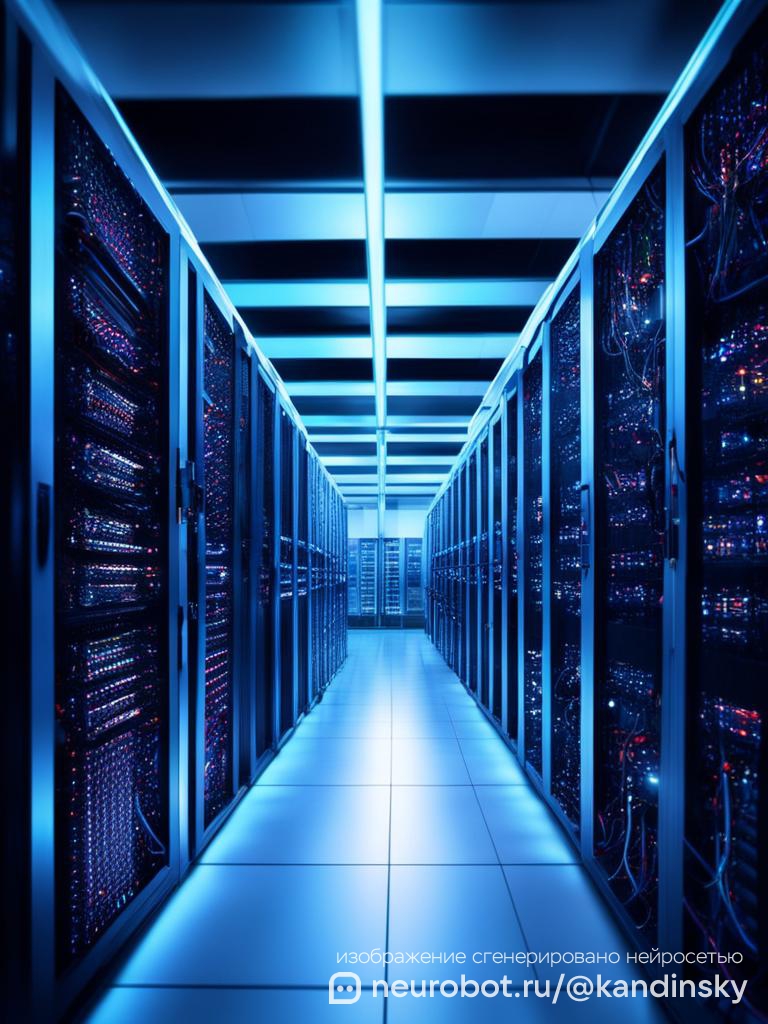 Современный и стильный центр обработки данных промт для нейросети Кандинский, 9:16