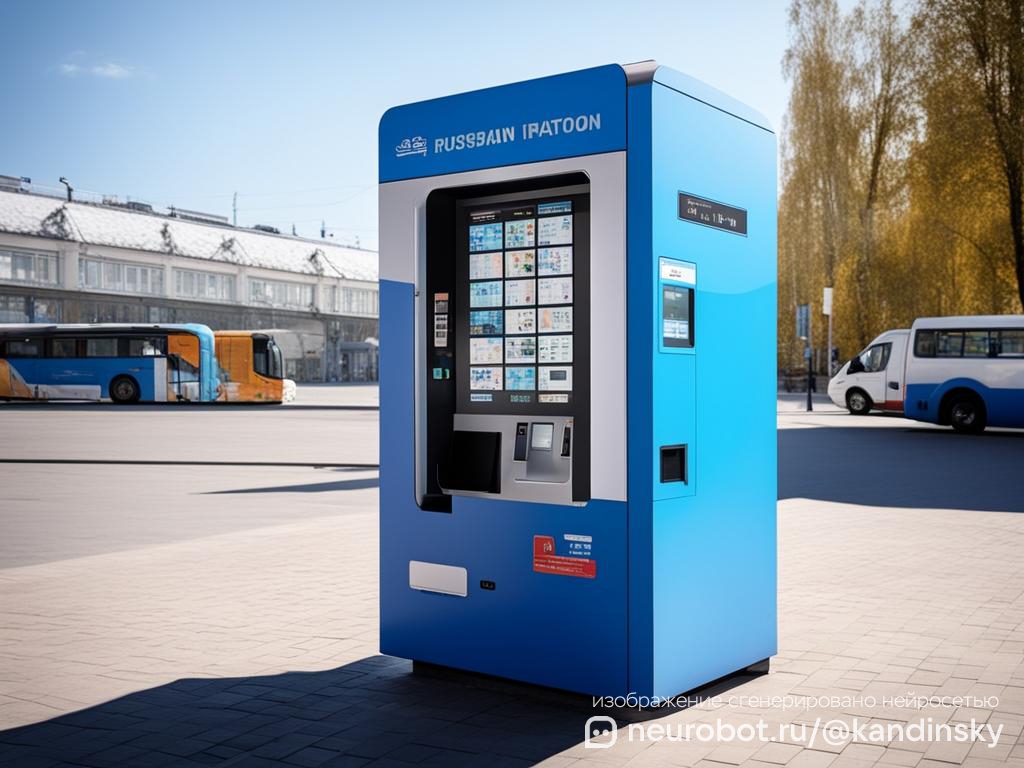 Внешний вид российской автобусной станции в солнечный день с билетным автоматом промт для нейросети Кандинский, 16:9