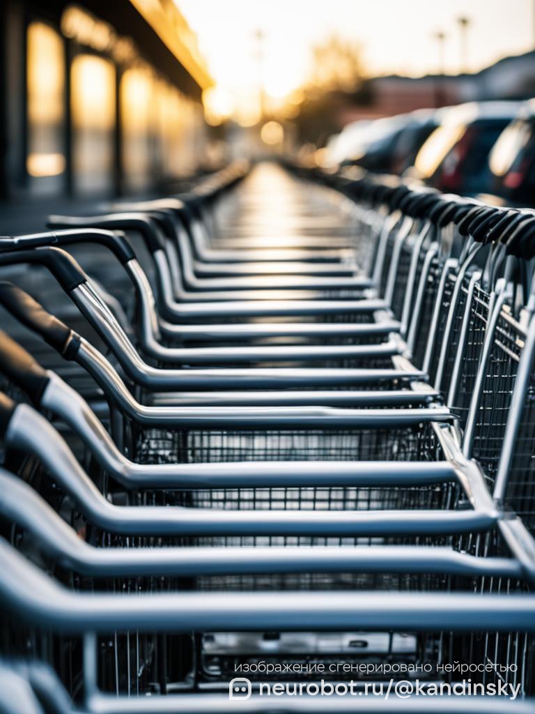 Изображение близкого ракурса ряда разнообразных тележек для покупок промт для нейросети Кандинский, 9:16