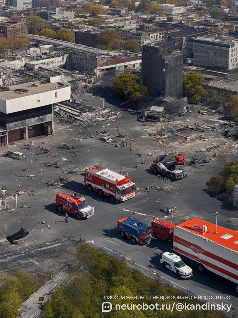 Вид сверху на большую городскую зону с видимым учением гражданской обороны промт для нейросети Кандинский, 9:16