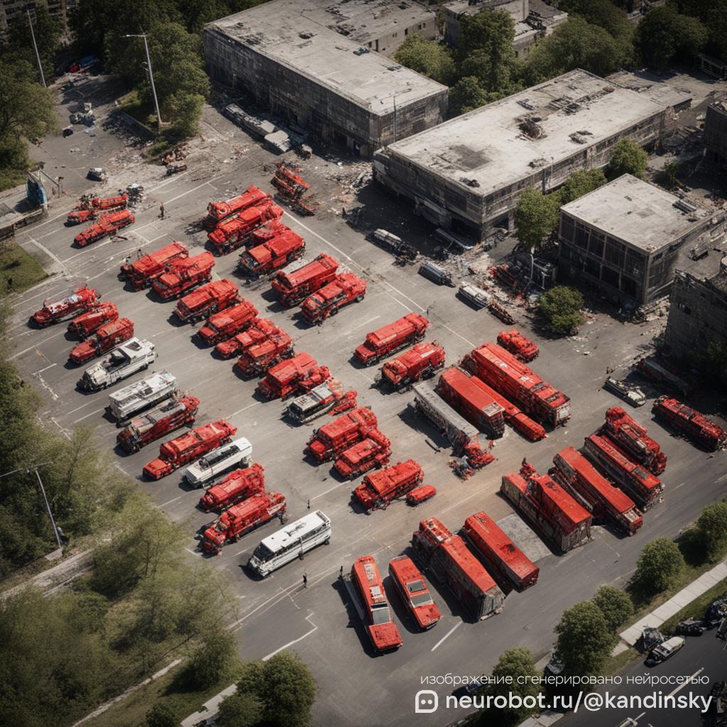 Вид сверху на большую городскую зону с видимым учением гражданской обороны промт для нейросети Кандинский, 1:1