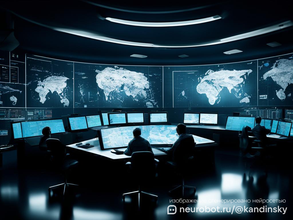 Иллюстрация современного контрольного центра, отслеживающего движение по водным путям России промт для нейросети Кандинский, 16:9